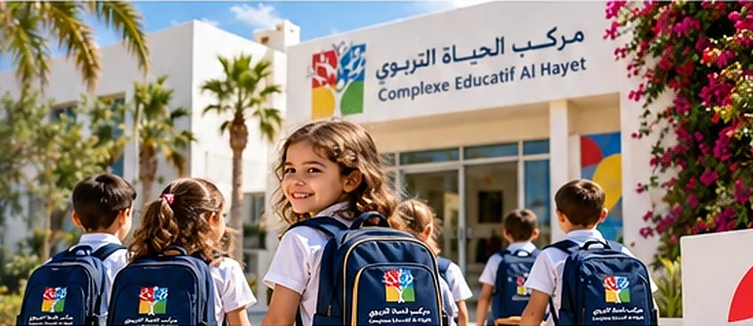 Élèves du Complexe Educatif Al Hayet devant l'école